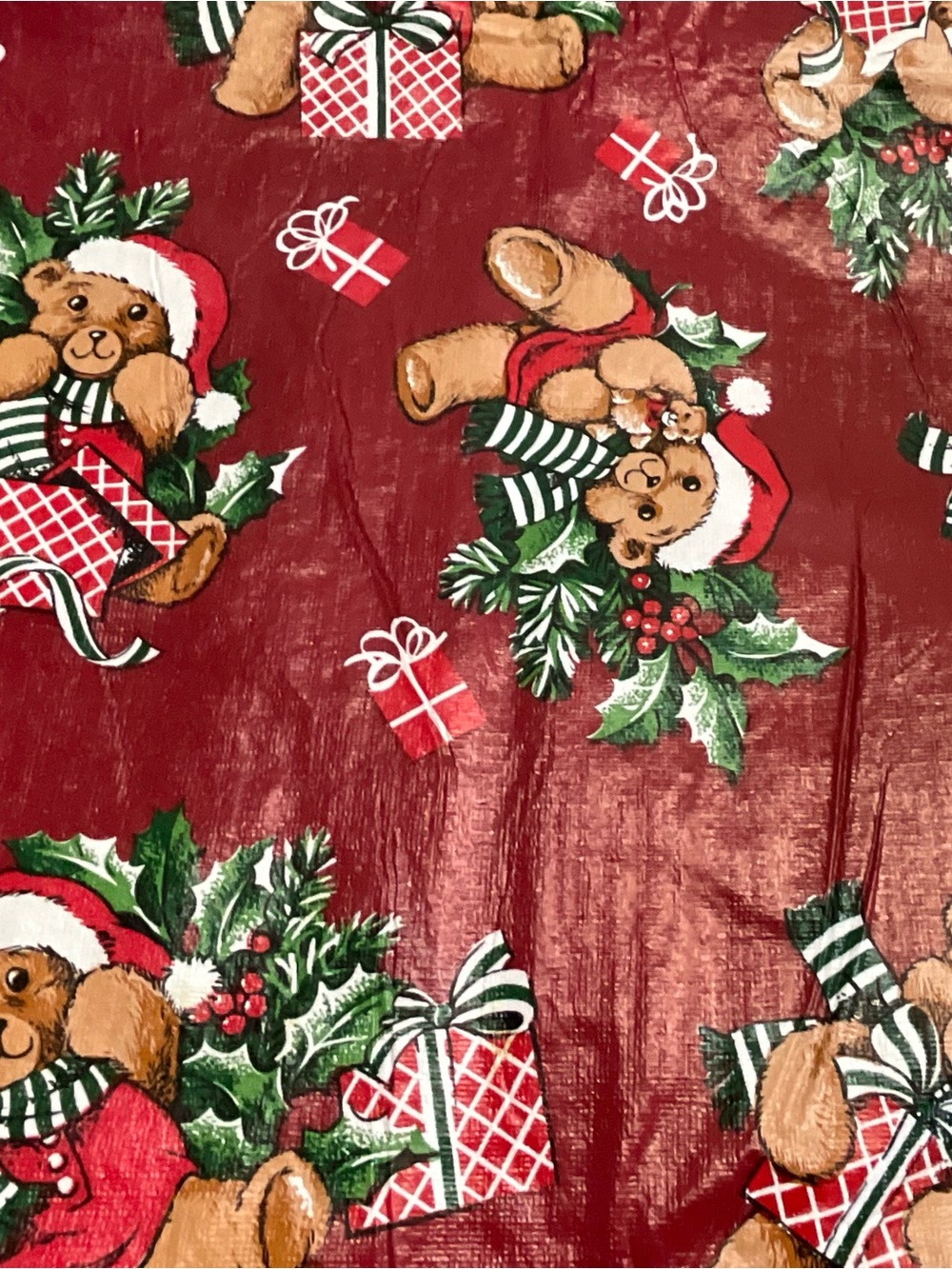 Vinyl Plastic Christmas Tablecloth 86”x50” Teddy Bear Pattern Red Green White